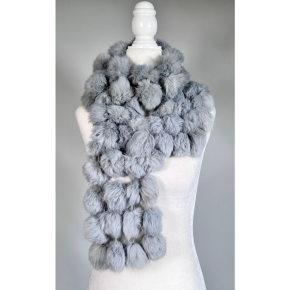Women's Gray Genuine Fur Pom-Pom Scarf Wrap - Picture 3 of 9